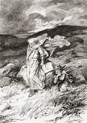 En scene fra William Shakespeares skuespill King Lear, Act III, Scene 2, Lear: Nei, jeg vil være mønsteret for all tålmodighet, jeg vil ikke si noe, fra The Works of William Shakespeare, utgitt 1896 (gravering